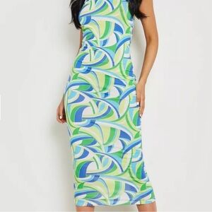 BOOHOO SIZE 12 TALL ABSTRACT PRINT HALTER NECK MIDI DRESS